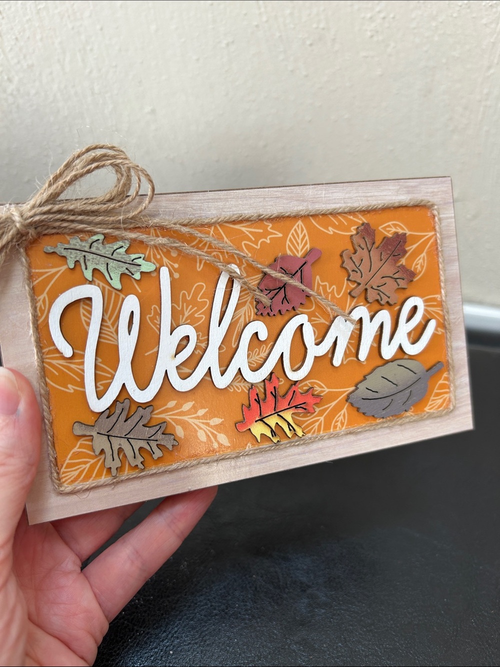 Handmade by my mom! Welcome Fall Tabletop Sign - Orange Leaf Design - Picture 4 of 6